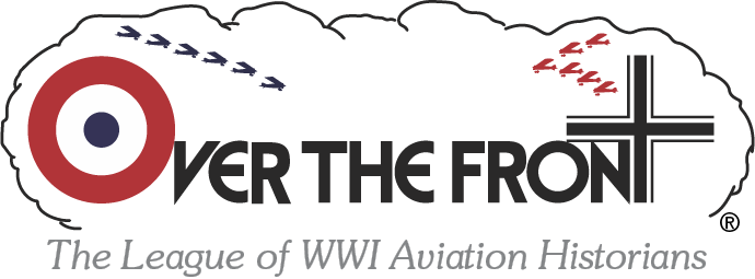 Imagery: British and German aviation symbols over a cartoon of a cloud with tiny silhouetted airplanes. Text: 'Over The Front / The League of WWI Aviation Historians'