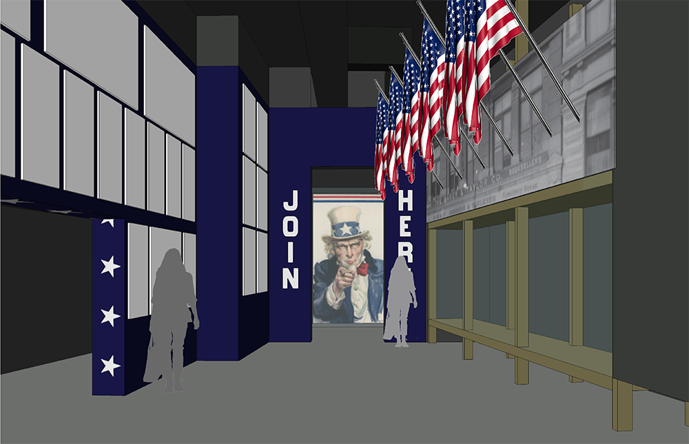 Computer rendering of a gallery space dominated by a row of U.S. flags and an image of Uncle Sam pointing at the viewer.