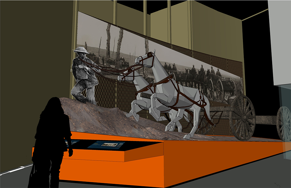 Computer rendering of a gallery space featuring sculptures of mules pulling a weapons wagon.