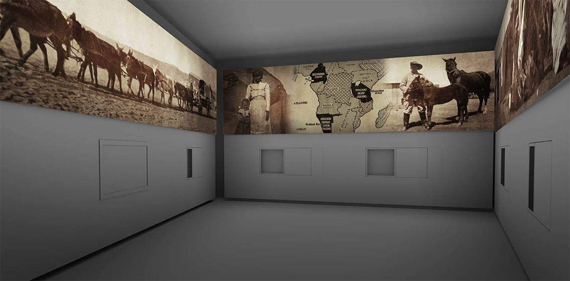 Computer rendering of a room with large projected images on the walls