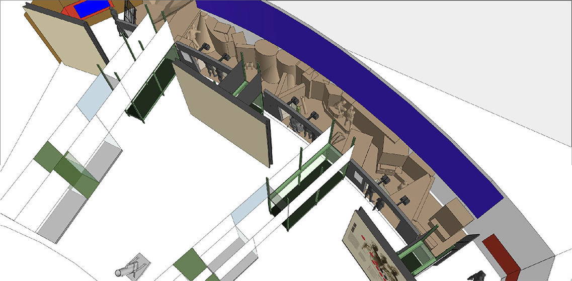 Computer rendering of a cutaway diagram of a long and narrow exhibit space with interactive displays inside