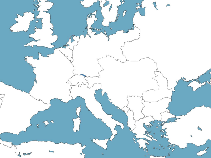 A blank map of Europe and part of Asia with only country lines delineated.