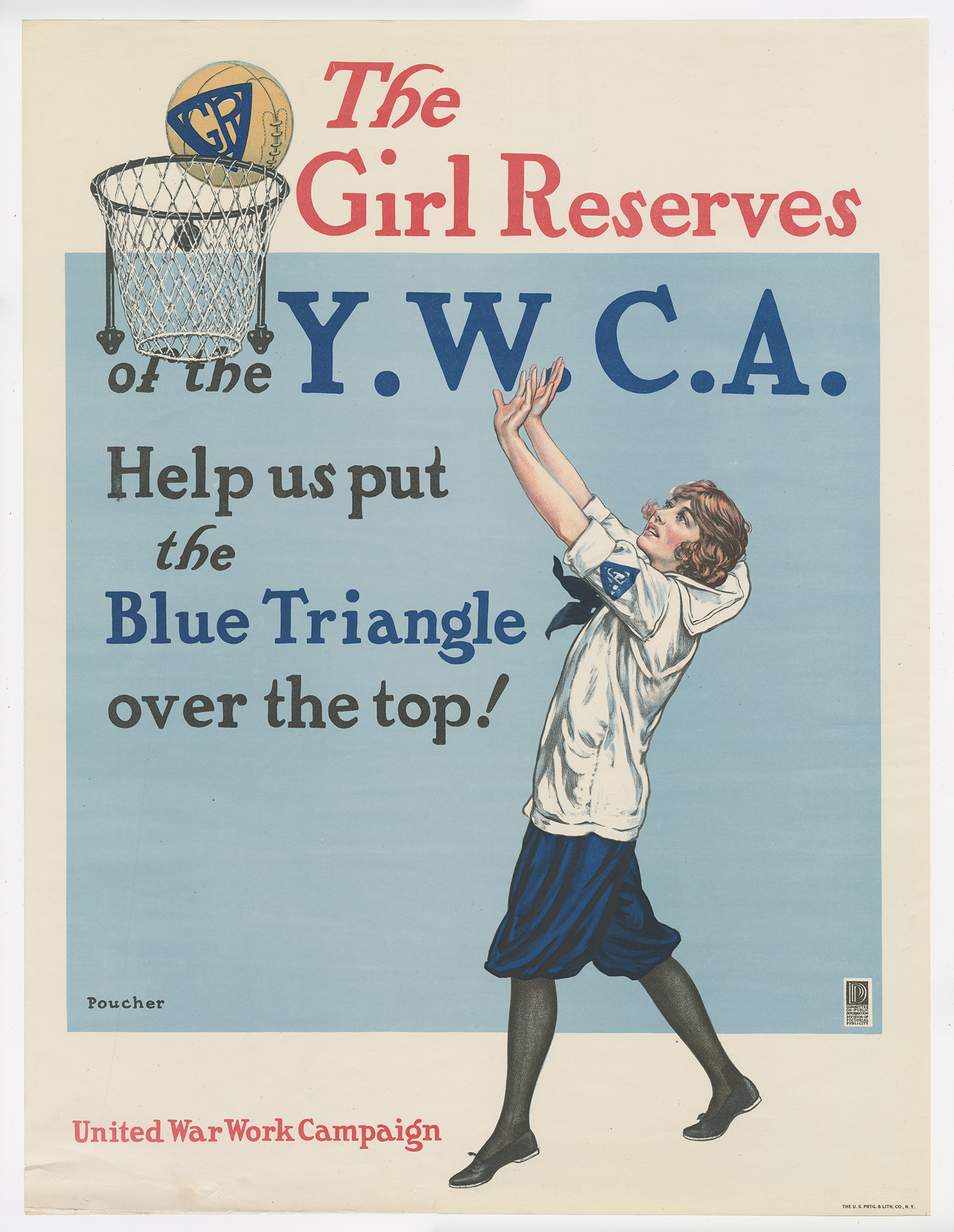 ဘောလုံးကို ဘတ်စကက်ဘောကွင်းထဲသို့ ပစ်ထည့်နေသည့် အဖြူရောင် သင်္ဘောသားဝတ်စုံဝတ် မိန်းကလေးတစ်ဦး၏ ပုံနှင့် ပိုစတာ။ စာသား- 'YWCA ၏ မိန်းကလေး အရန်ငွေ/ အပြာရောင်တြိဂံကို ထိပ်တွင် ထားပေးပါ။'
