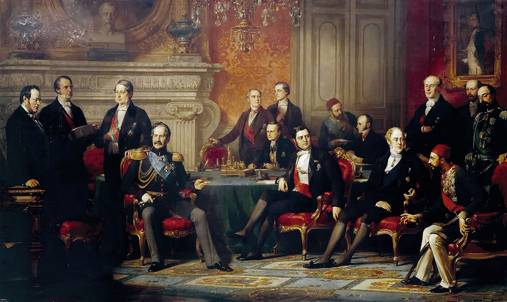 Painting of a large group of white men dressed in 1850s formal clothing arranged around a green-draped table and several red-upholstered chairs in a large ornate palace room.
