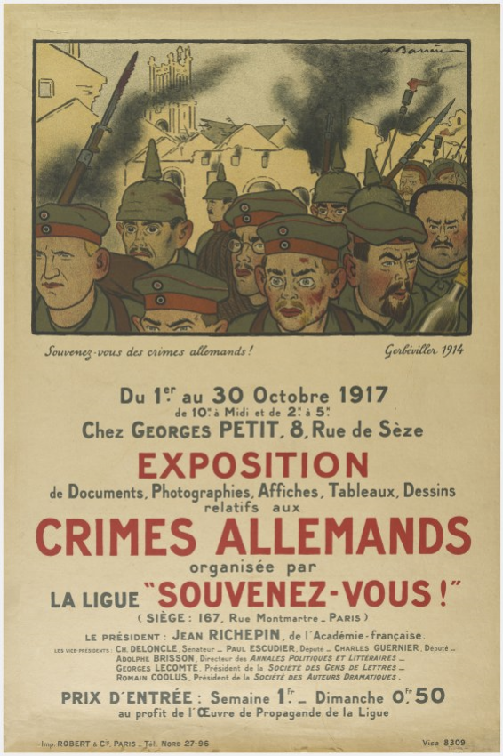 Poster with a cartoon of caricatured German soldiers covered in blood moving toward the viewer away from a destroyed European city with smoke rising from the buildings