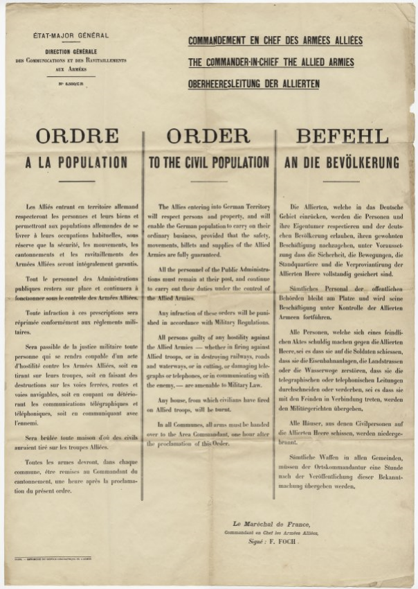Scan of a poster printed on yellowing, creased paper. The text is divided into three columns with the same text translated into French, English and German.