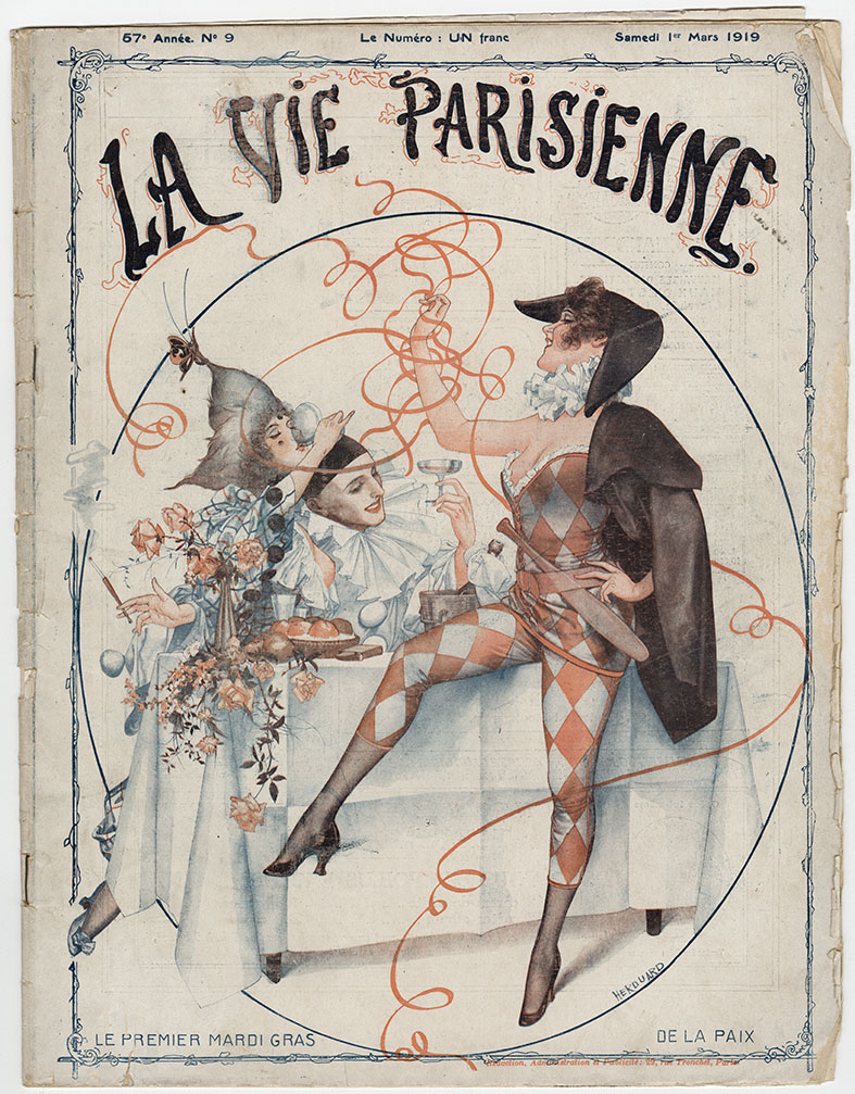 الصورة: لوحة غلاف مجلة قديمة لثلاثة أشخاص يرتدون أزياء السيرك. أحدهم يحتسي من كأس الشمبانيا، والآخر يشرب نخبه، بينما الثالث يلف شرائط حمراء طويلة في أنماط باهظة في الهواء. النص: "الحياة الباريسية"