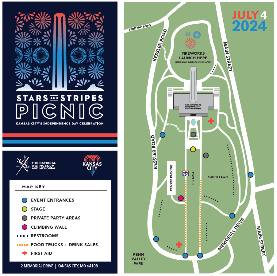 Graphical map of the Museum and Memorial grounds with locations of medication stations, food trucks, bathrooms and the like marked with colorful shapes.