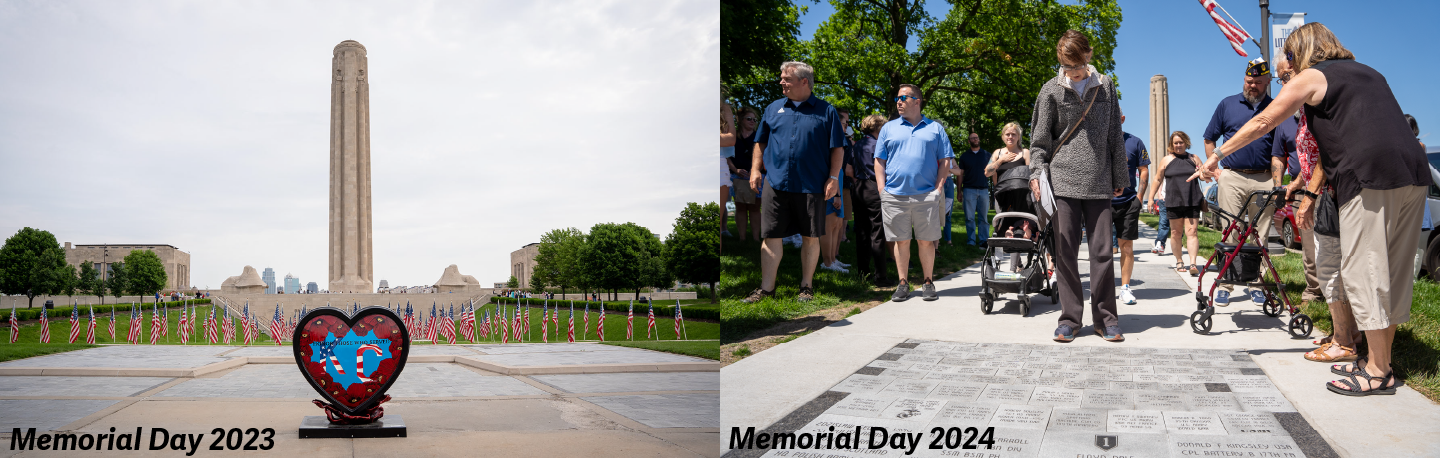 Left image: Memorial Day 2023 - Walk of Honor bricks laid in the South Plaza. Right image: Memorial Day 2024, Walk of Honor bricks laid in the west walkway with people gathered around pointing out individual bricks.