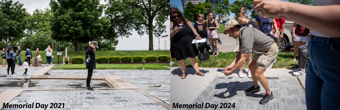 Left image: Memorial Day 2021 - Walk of Honor bricks laid in the South Plaza, covered in rain puddles. Right image: Memorial Day 2024, Walk of Honor bricks laid in the west walkway with people gathered around pointing out individual bricks.