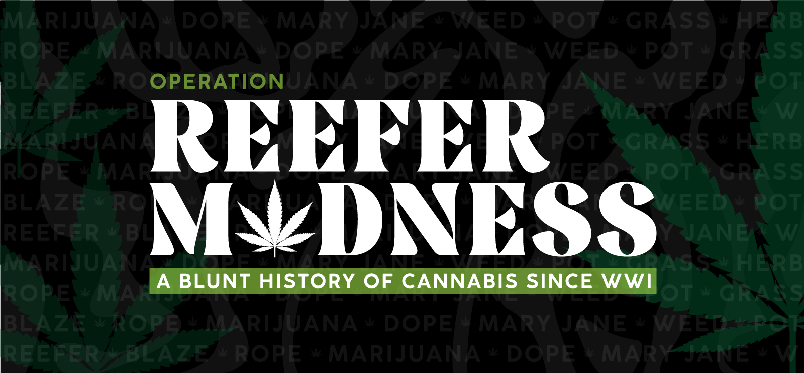 Dark green background with translucent green smoky shapes layered over translucent marijuana leaves and a pattern made of translucent text repeating slang terms for marijuana such as dope, Mary Jane, weed, grass, etc. Foreground text: 'Operation Reefer Madness / a Blunt History of Cannabis since WWI'.