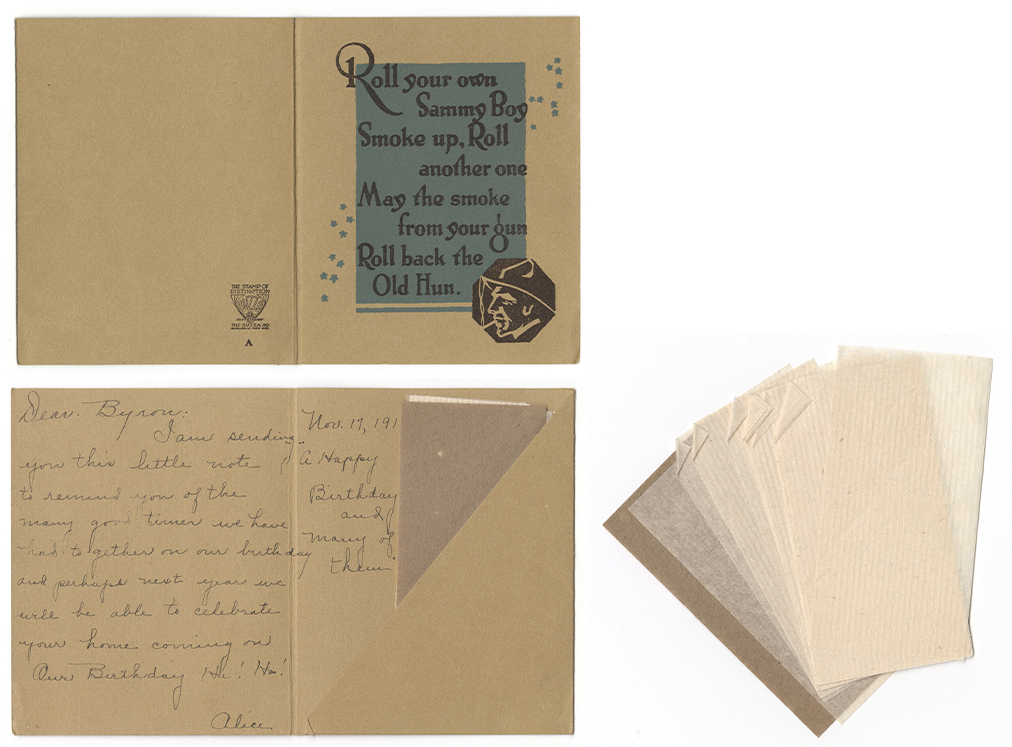 Small card with an inner pocket holding cigarette rolling papers and a handwritten inscription wishing Corporal Arbuckle a happy birthday.