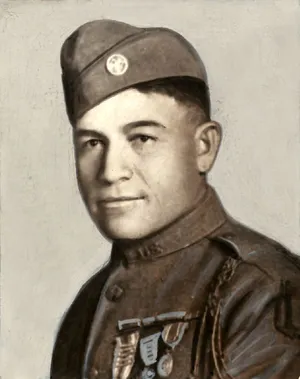 Portrait painting of a young, cleanshaven Native American man in WWI American soldier dress uniform and cap, with medals pinned to his chest, slightly smiling at the viewer.