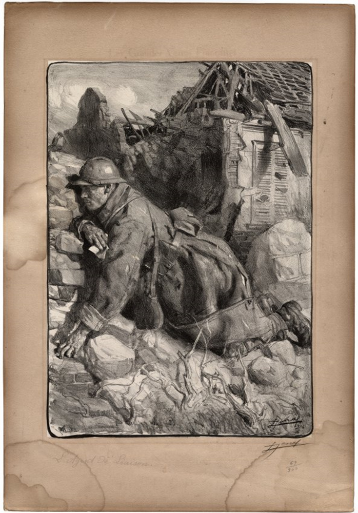 Black and white lithograph print depicting a French messenger crawling with a ruined building in background. Message held in right hand.