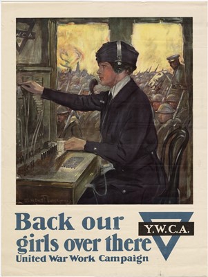 YWCA united war work campaign poster of a woman signal corps operator