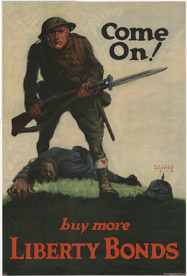 Poster of AEF soldier standing over a dead German soldier with text encouraging reader to "buy more Liberty Bonds"