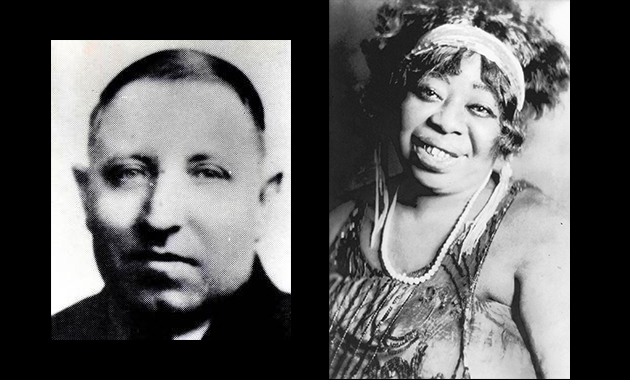 Two black and white portrait photos. One is of a round-faced white man. The other is a fat Black woman wearing a flapper dress and accessories.