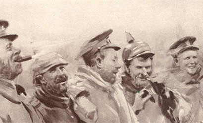 Crop of a painting depicting five WWI soldiers standing outside bundled up in coats, scarves and uniform hats, laughing and smoking cigars.