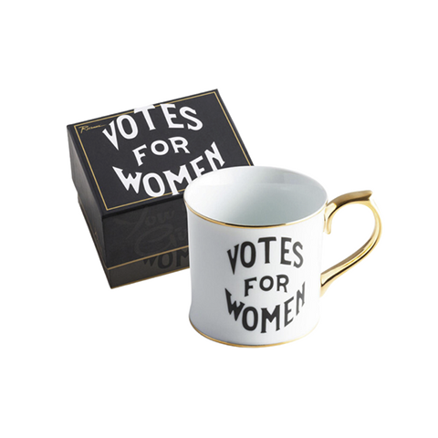 A white mug with a gold-plated handle, printed with the text 'Votes for Women'