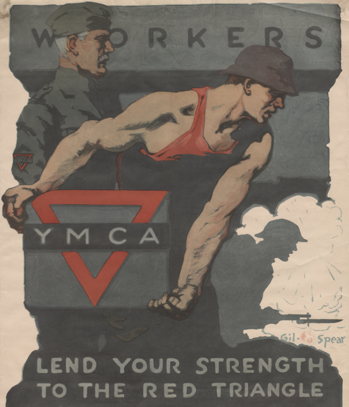 A man in a sleeveless shirt and helmet carries a box with YMCA and its triangle logo. Behind is a soldier and another sillouette of a solider with a gun. The poster asks for people to "HELP THE Y HELP THE FIGHTERS FIGHT".