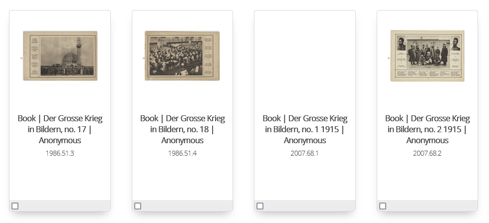 Screenshot of four item entries in the Online Collections Database