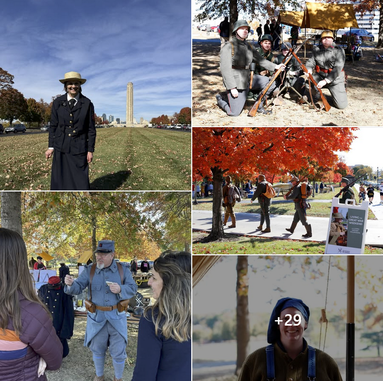 Collage of living history volunteers dressed in WWI uniforms doing various educational activities on the Museum and Memorial grounds.