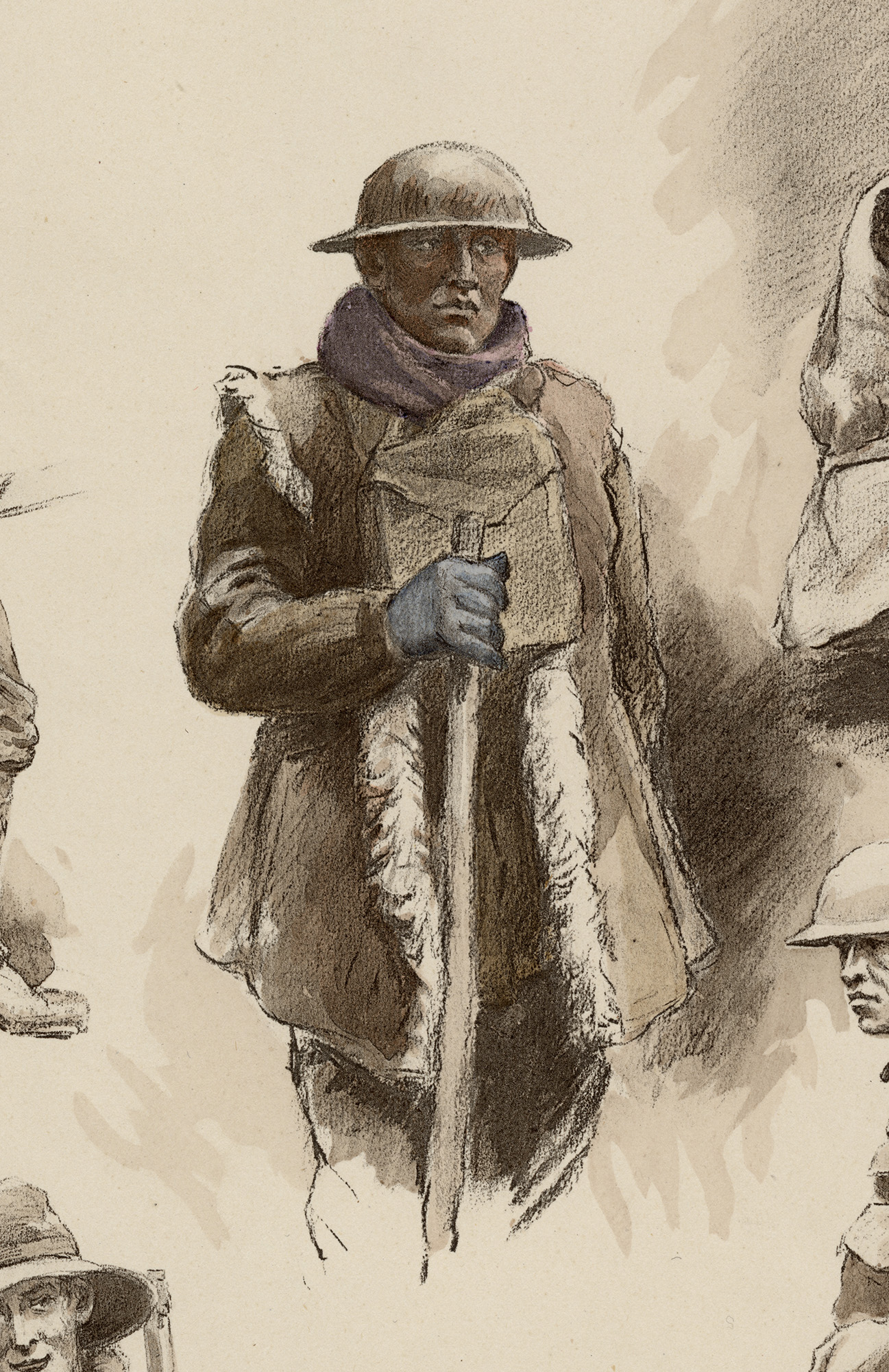 Watercolor sketch of a man wearing a sheepskin-lined coat, a steel helmet and scarf