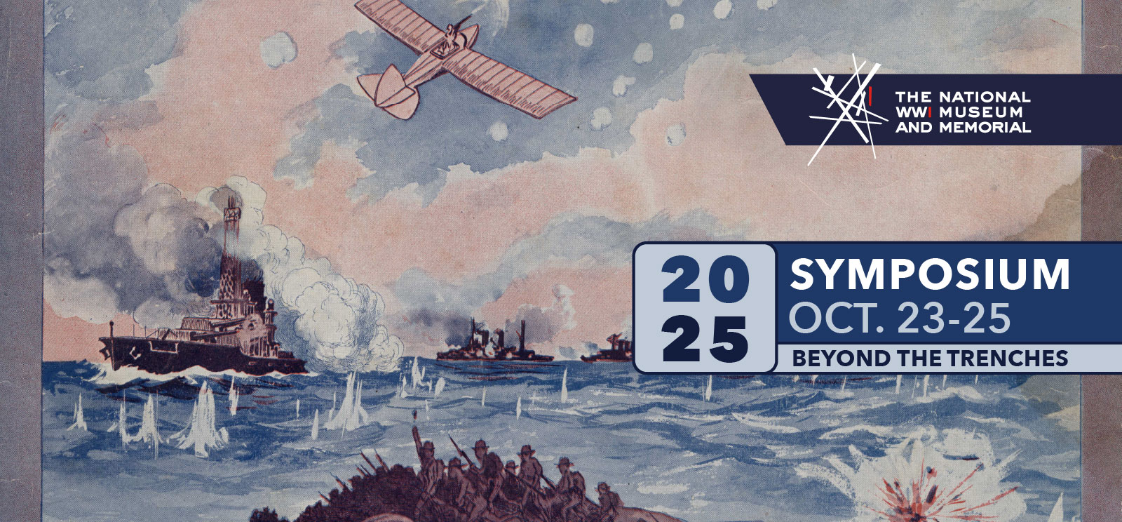 Painting depicting WWI soldiers rushing forward on a beach as ships fire cannons in the sea and airplanes fly overhead