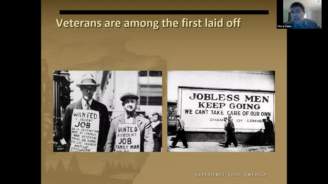 Left photo: two men wearing sandwich boards with writing on them. Right photo: three men leaning on a billboard.
