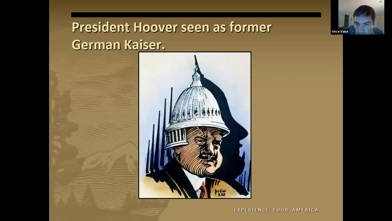 Political cartoon of Herbert Hoover wearing the Capitol building as a helmet, resembling a pickelhaube helmet