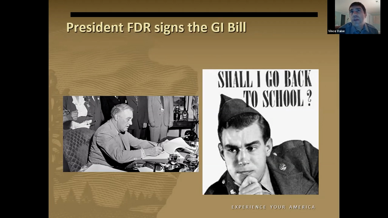Left image: President Franklin Roosevelt seated at a desk signing a bill. Right image: photo or painting of a WWII soldier with his chin in his hand with the text, "Shall I go back to school?"
