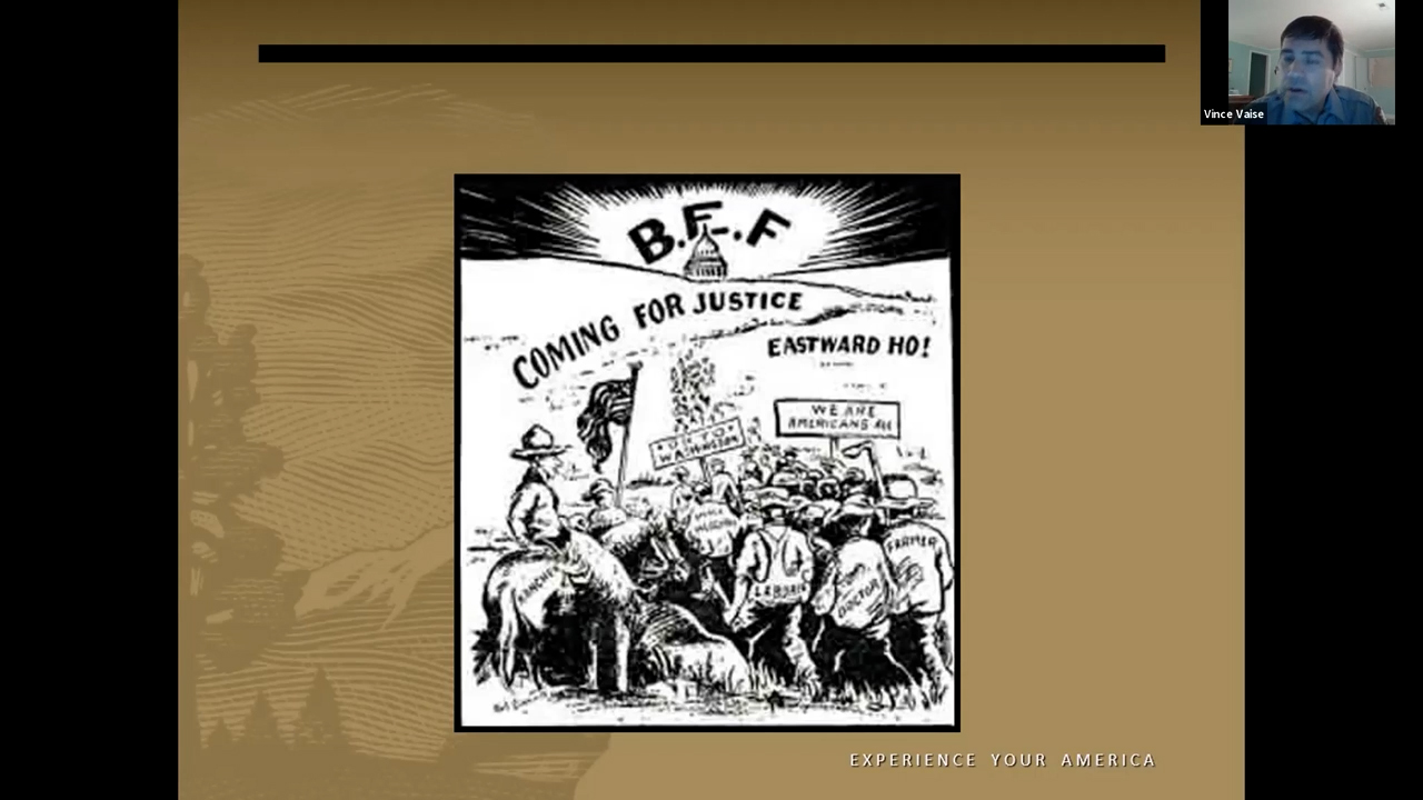 Cartoon of a long column of men stretching away to the Capitol Building in the distance. Text: 'B.E.F / Coming for justice / Eastward Ho!'