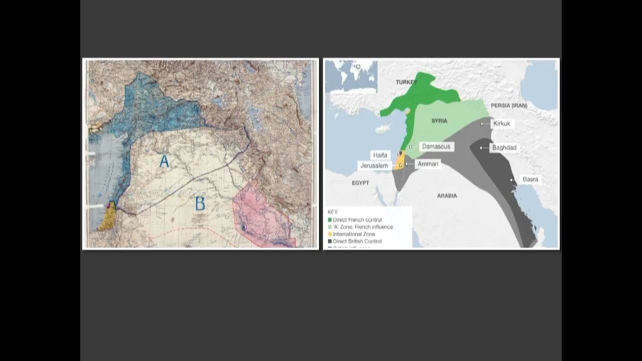 Left map: two geographical areas marked A and B. Right map: West Asia divided up into various territories
