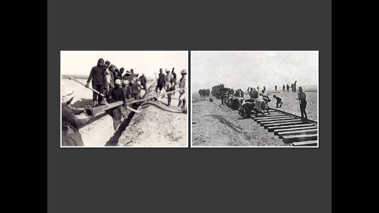 Two black and white images of Egyptian work crews laying water pipes or railway ties in the desert
