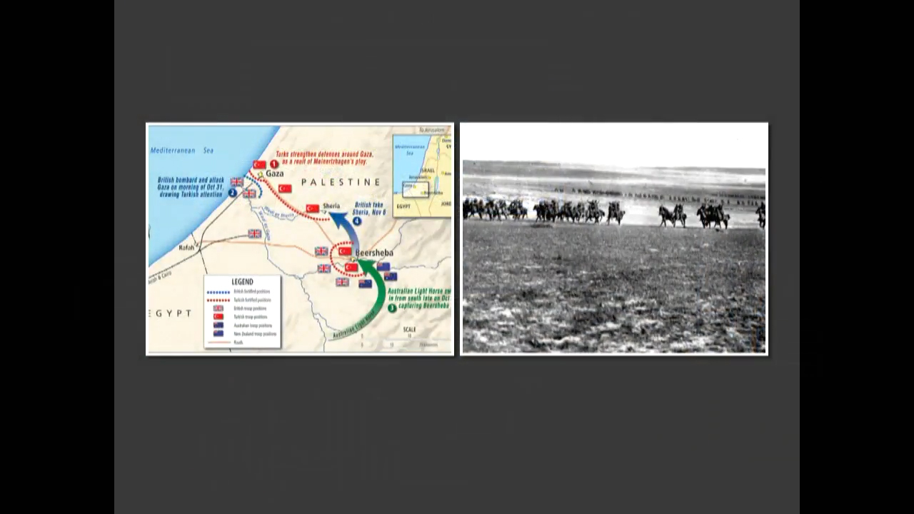 Left image: Map of Palestine with locations and troop movements marked. Right image: Black and white photograph of a line of soldiers on horses galloping forward across a plain