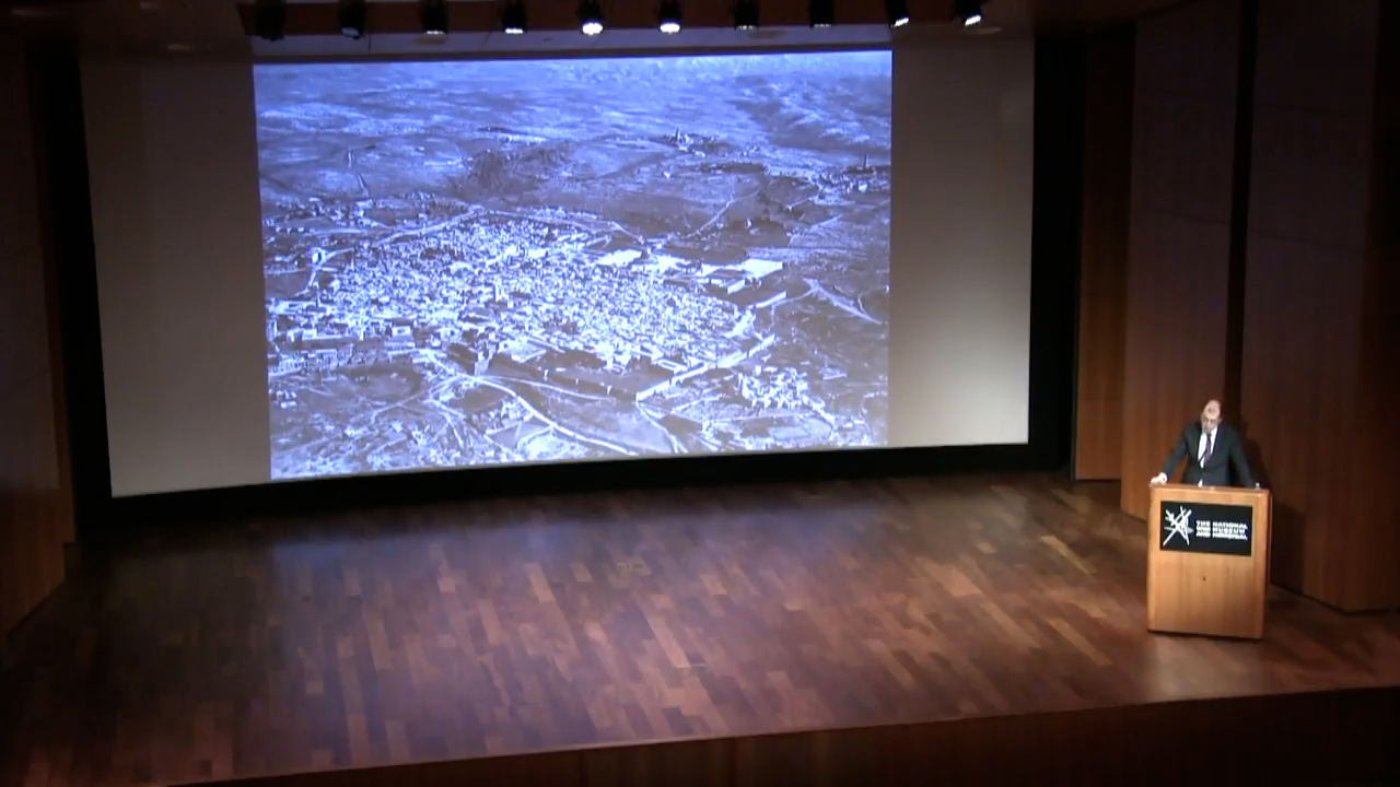 Black and white aerial photograph of a city