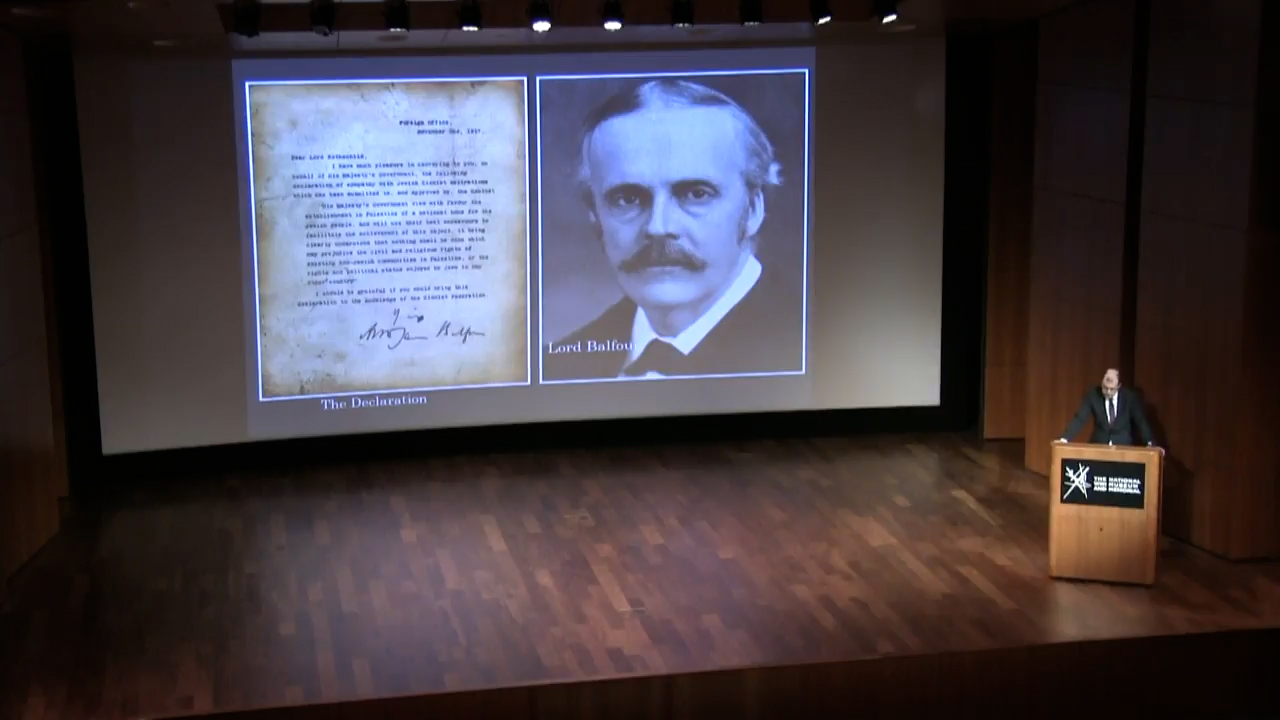 Left image: Scan of a vintage document with a letter printed on it. Right image: Black and white portrait of a mustachioed white man captioned 'Lord Balfour'