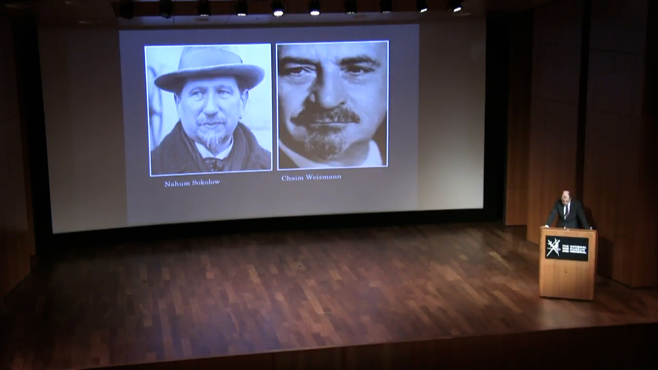 Left image: black and white photo of a man with a goatee and mustache wearing a fedora, captioned 'Nahum Sokolow'. Right image: black and white photograph of a man with a darker goatee and mustache, captioned 'Chaim Weizman'.
