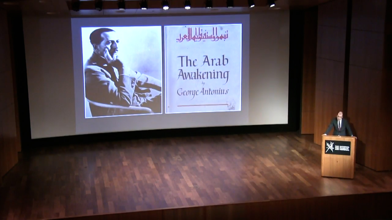 Left image: Black and white portrait photo of a seated man in a suit. Right image: Book cover titled 'The Arab Awakening / by George Antonius' in Arabic and English