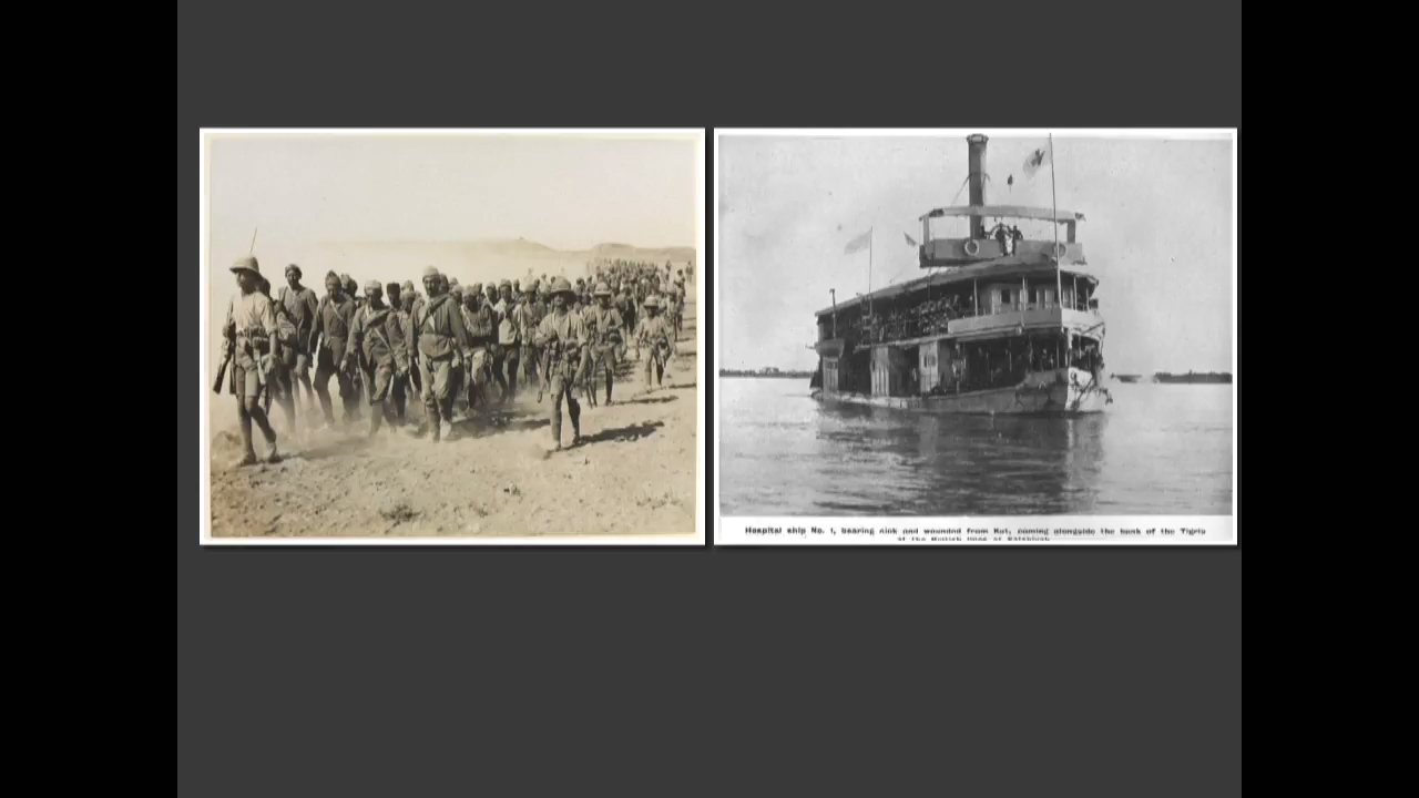 Left image: black and white photo of a column of WWI soldiers marching through a dusty landscape. Right image: Black and white photo of a WWI gunboat