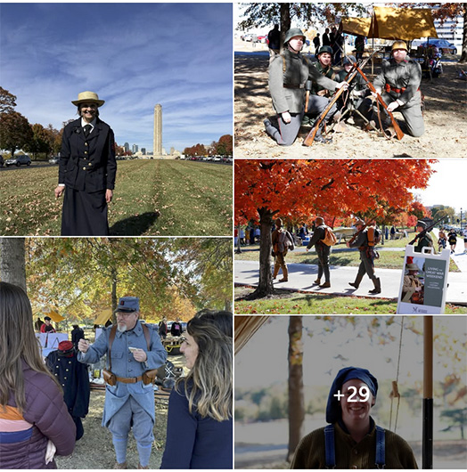 Photo collage of various living history volunteers dressed in WWI-era outfits