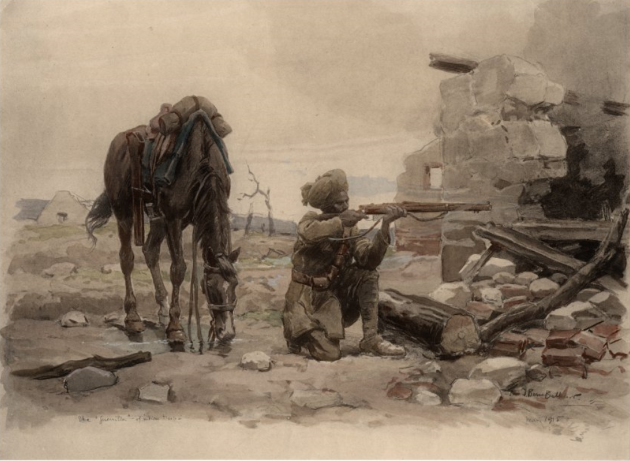 Print of a watercolor painting of a British Indian soldier hiding behind a destroyed building and aiming with a gun towards something or someone out of frame. There is a horse with a saddle and gear drinking water from a puddle behind the soldier.