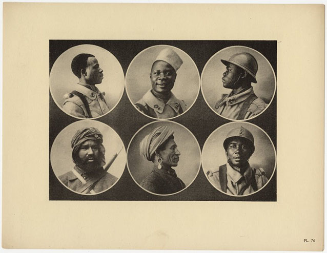 Scan of a page showing six portraits of six dark-skinned men in different nations' military uniforms