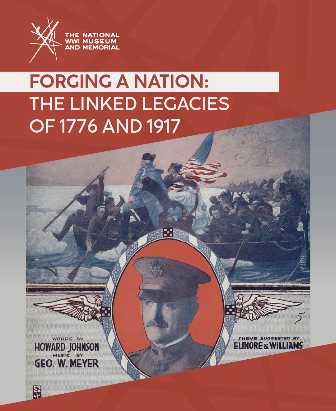 Poster with a painting of George Washington crossing the Delaware River in the background and a portrait of General Pershing in the foreground