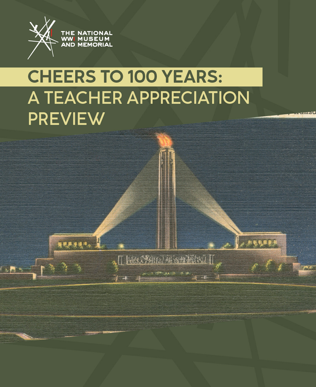 Postcard illustration of Liberty Memorial Tower, Memory Hall and Exhibit Hall with spotlights illuminating the Tower.