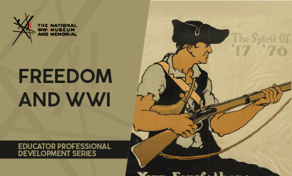 Poster illustration of a white man in 1700s colonial clothing and a tricorn hat, wielding a rifle