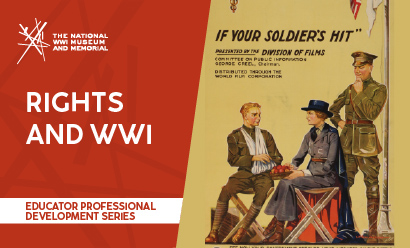 Poster illustration of a white woman in military uniform sharing a basket of fruit with a white man in military uniform with his arm bound in bandages.