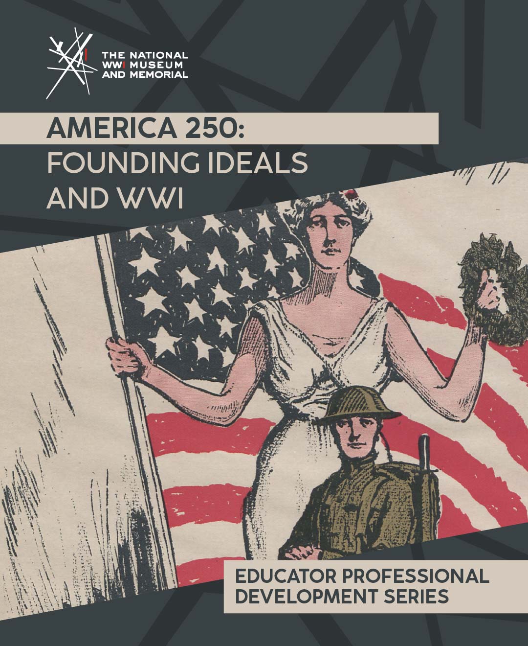 Poster illustration of a larger-than-life white woman in Grecian robes holding a U.S. flag and wreath, standing behind a smaller white man in U.S. military uniform