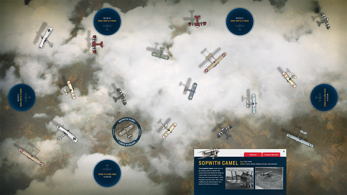 Computer rendering of a variety of WWI-era aircraft flying over clouds and landscapes