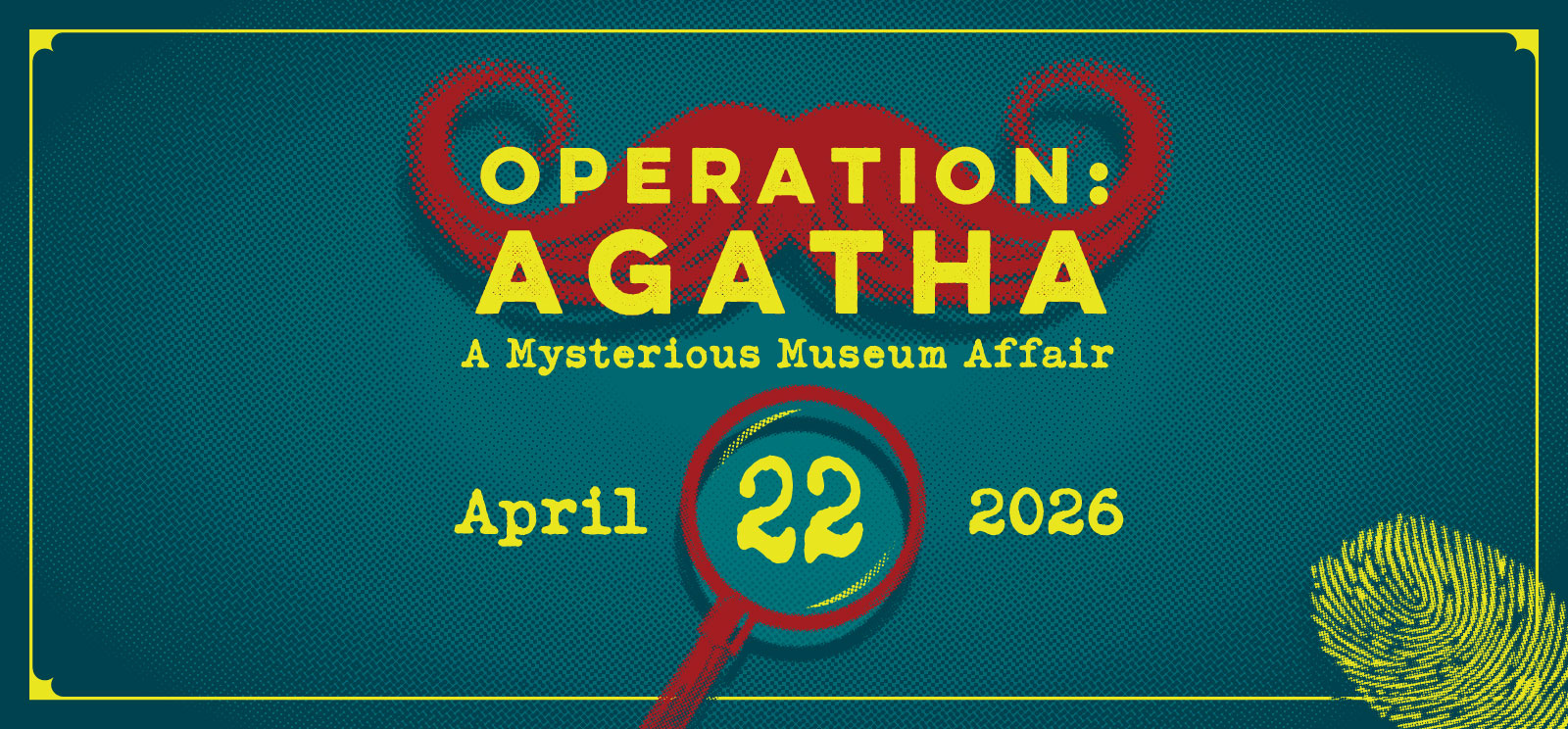 Illustration graphic featuring a mustache, a magnifying glass and a fingerprint